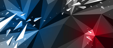 Dark black polygonal abstract background with color hot spotlights, 3D triangular surface and flying...