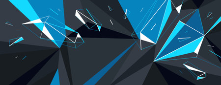 Black and blue polygonal vector abstract background, 3D low poly surface with dynamic particles in motion, order and chaos creative concept, broken elements.のイラスト素材