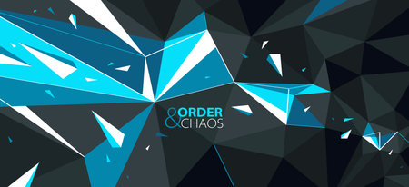 Order and chaos vector abstract background, 3D dark black and bright blue low poly polygonal surface with decay broken particles debris in motion.のイラスト素材