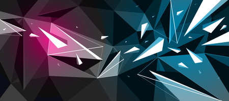 Low poly background with particles debris in motion and color spotlights vector design, 3D dynamic surface with debris explosion, triangular elements flying over polygonal backdrop.のイラスト素材