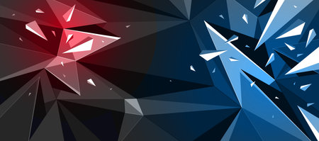 Low poly background with particles debris in motion and color spotlights vector design, 3D dynamic surface with debris explosion, triangular elements flying over polygonal backdrop.のイラスト素材