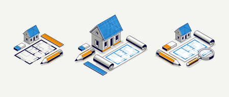 Country or town house project concept set, 3D isometric vector illustration of a small house building project, countryside small house in village or outskirt.のイラスト素材