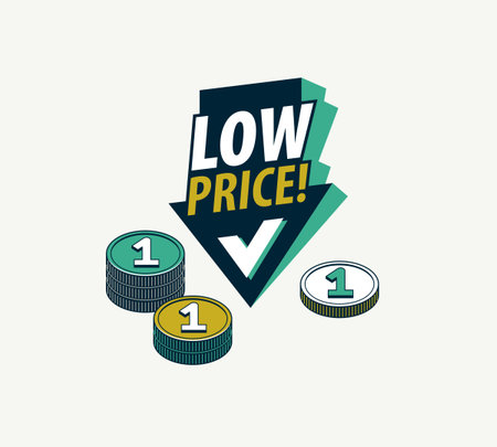 Low price concept poster, arrow down with coin stack vector icon style illustration, e-commerce sale, cheap prices shopping, buy by discount.のイラスト素材