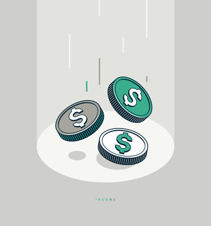 Income concept poster, coins falling down vector icon style illustration, revenue and interest metaphor, passive income.のイラスト素材