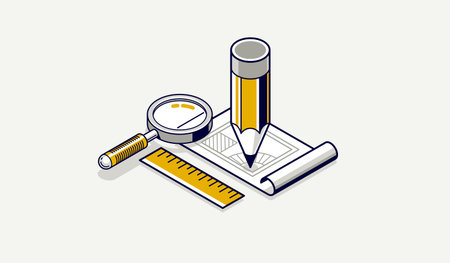 Engineer at work concept, engineering job, paper document blueprint engineering vector 3D isometric illustration, abstract draft drawing, cad technical plan.のイラスト素材