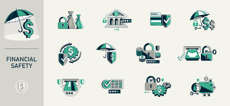 Financial safety vector detailed icons set, secured account and transaction, protected finance money.のイラスト素材