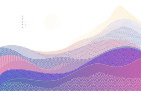 Oriental Japanese style vector abstract illustration, background in Asian traditional style, wavy shapes and mountains terrain, runny like sea lines.のイラスト素材