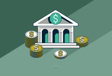 Interest rate concept poster, vector icon style illustration of a bank building with coin stack,...