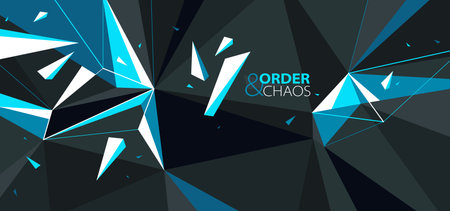 Abstract polygonal vector background of low poly surface and broken shapes particles in motion, black and blue colors order and chaos creative concept.のイラスト素材