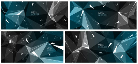 Polygonal broken structure surface made with low poly elements and flying debris particles set, broken mess and chaos concept, dynamic abstraction in dark blue color.のイラスト素材