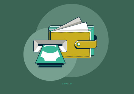 E-Wallet concept poster, wallet with ATM and money stack vector icon style illustration, electronic wallet withdrawal.のイラスト素材