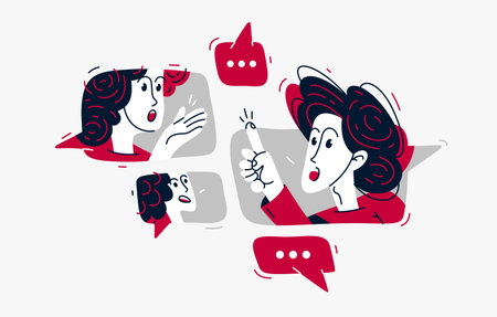 Group of young people having a video conference online, vector illustration of online conversation and brainstorming, business and work or webinar.のイラスト素材