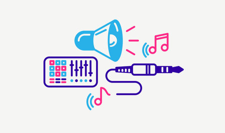 Music and recording studio vector detailed icon, sound producing and audio engineering bundle, playing instruments.のイラスト素材