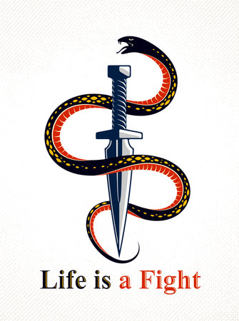Dagger kills a Snake, defeated Serpent wraps around a sword vector vintage tattoo, Life is a Fight concept, life is no bed of roses, allegorical logo or emblem of ancient symbol.のイラスト素材