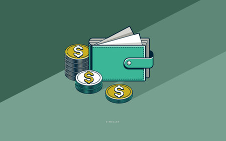 E-Wallet concept poster, vector icon style illustration of a wallet with coins, personal finances,...