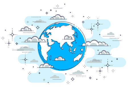 Earth in the sky surrounded by clouds beautiful thin line illustration isolated over white...
