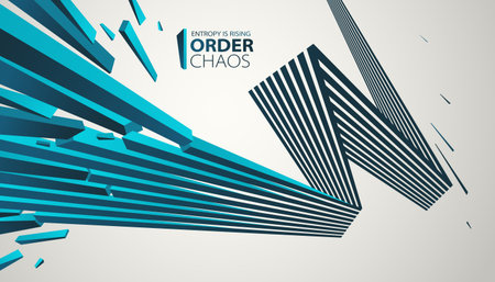 Chaos and order vector concept abstract background with lines explosion to debris in decay, 3D wallpaper with perspective lines going to chaos of destruction.のイラスト素材