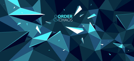 Order and chaos vector abstract background, 3D dark black and bright blue low poly polygonal surface with decay broken particles debris in motion.のイラスト素材
