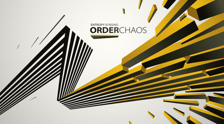 Chaos and order vector concept abstract background with lines explosion to debris in decay, 3D wallpaper with perspective lines going to chaos of destruction.のイラスト素材