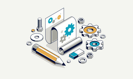 Mechanical engineering project concept, engine draft plan drawing, technical scheme blueprint, paper sheet with gears and pencil 3D isometric vector illustration, repair tutorial.のイラスト素材