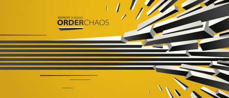 Debris particles exploding in chaos vector abstract background, entropy is rising to decay and disorder, elements flying in motion, 3D wallpaper.のイラスト素材