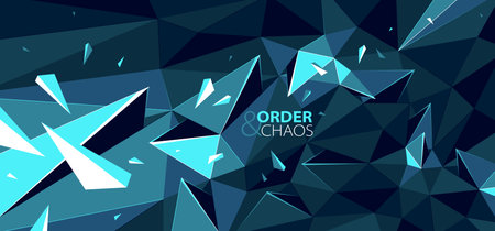 Abstract polygonal vector background of low poly surface and broken shapes particles in motion, black and blue colors order and chaos creative concept.のイラスト素材