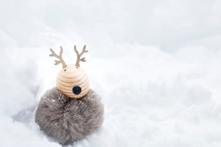 Hairy and soft toy lost in the white snowの写真素材