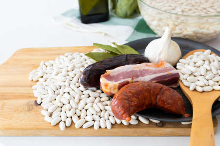 Asturian bean stew. Ingredients to prepare fabada. Food photographyの写真素材