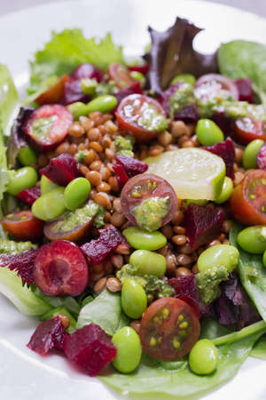 Fresh salad of lentils, edamame, beets, cherry tomatoes, green leaves and homemade pesto sauce. Delicious and healthy salad of legumes and vegetables. Food photographyの写真素材