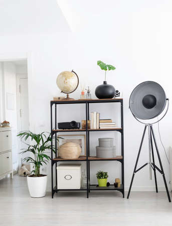 Nordic industrial style living room. Interior decoration ideas. Solid wood table, industrial...