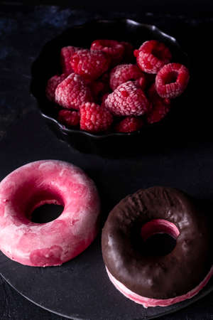 Ice cream yogurt and raspberry donuts. Healthy fruit ice creams. Healthy and homemade desserts....