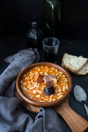 Fabada, a plate of food with legumes typical of Spain. Stewed white beansの写真素材