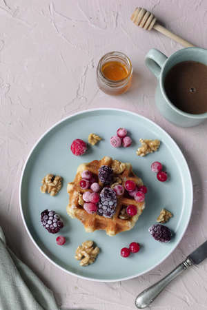 Waffles with fresh fruit and hot chocolate. Sweet and delicious snack or breakfast for those with a sweet toothの写真素材