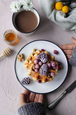 Waffles with fresh fruit and hot chocolate. Sweet and delicious snack or breakfast for those with a sweet toothの写真素材