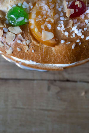 RoscÃ³n de Reyes with cream and fruit. Typical Christmas sweet in Spain