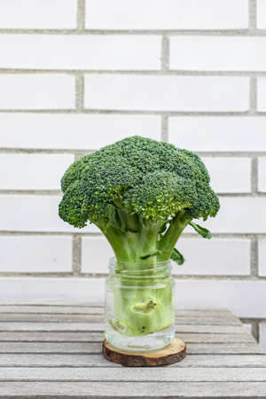 Fresh and raw broccoli in a glass with waterの写真素材