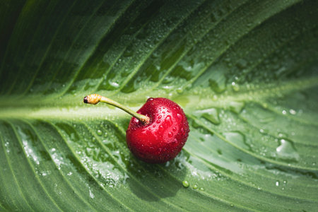 Red cherries on a green leaf. Very refreshing and tropical imageの写真素材