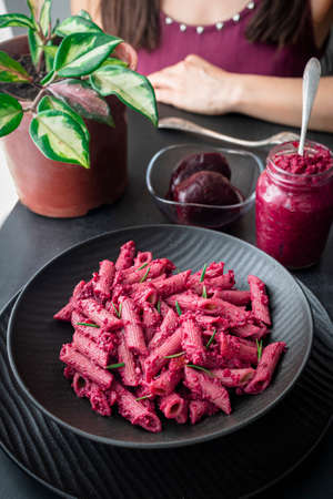 Pink beetroot pesto paste. Macaroni with pink beetroot pesto.の写真素材