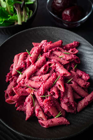 Pink beetroot pesto paste. Macaroni with pink beetroot pesto.の写真素材