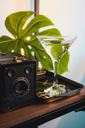 Retro photo camera, tropical leaf and cocktail. vintage vibe Vacation and travel timeの写真素材