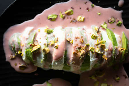 Mozzarella salad, avocado, pistachio and strawberry vinaigrette. Delicious and healthy avocado...