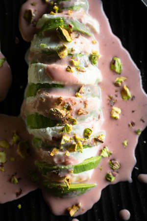 Mozzarella salad, avocado, pistachio and strawberry vinaigrette. Delicious and healthy avocado...