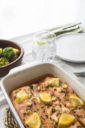 Baked salmon loins with olive oil, honey and garlic. Mediterranean and healthy cuisineの写真素材