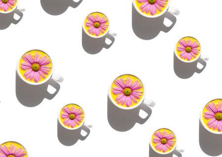 Golden milk pattern with pink daisy and white backgroundの写真素材