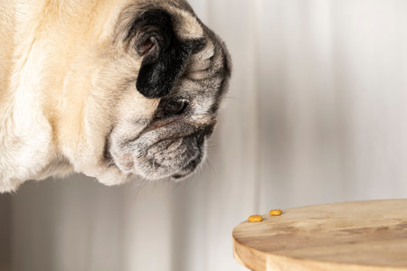 Pug breed dog with adorable face trying to catch food. Dog looking at food. Dog eating.の写真素材
