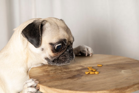 Pug breed dog with adorable face trying to catch food. Dog looking at food. Dog eating.