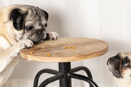 Pug breed dog with adorable face trying to catch food. Dog looking at food. Dog eating.の写真素材