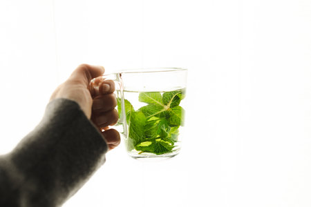 Tea with fresh mint leaves. Mint infusion helps with digestive problemsの写真素材