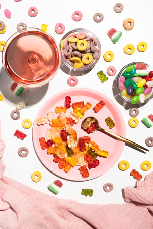 Plate with gummy bears, jelly beans and a glass with a pink drink. Coloring in food. Parties and celebrationsの写真素材