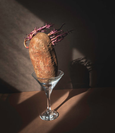 Pink sprouted sweet potato on a brown backgroundの写真素材